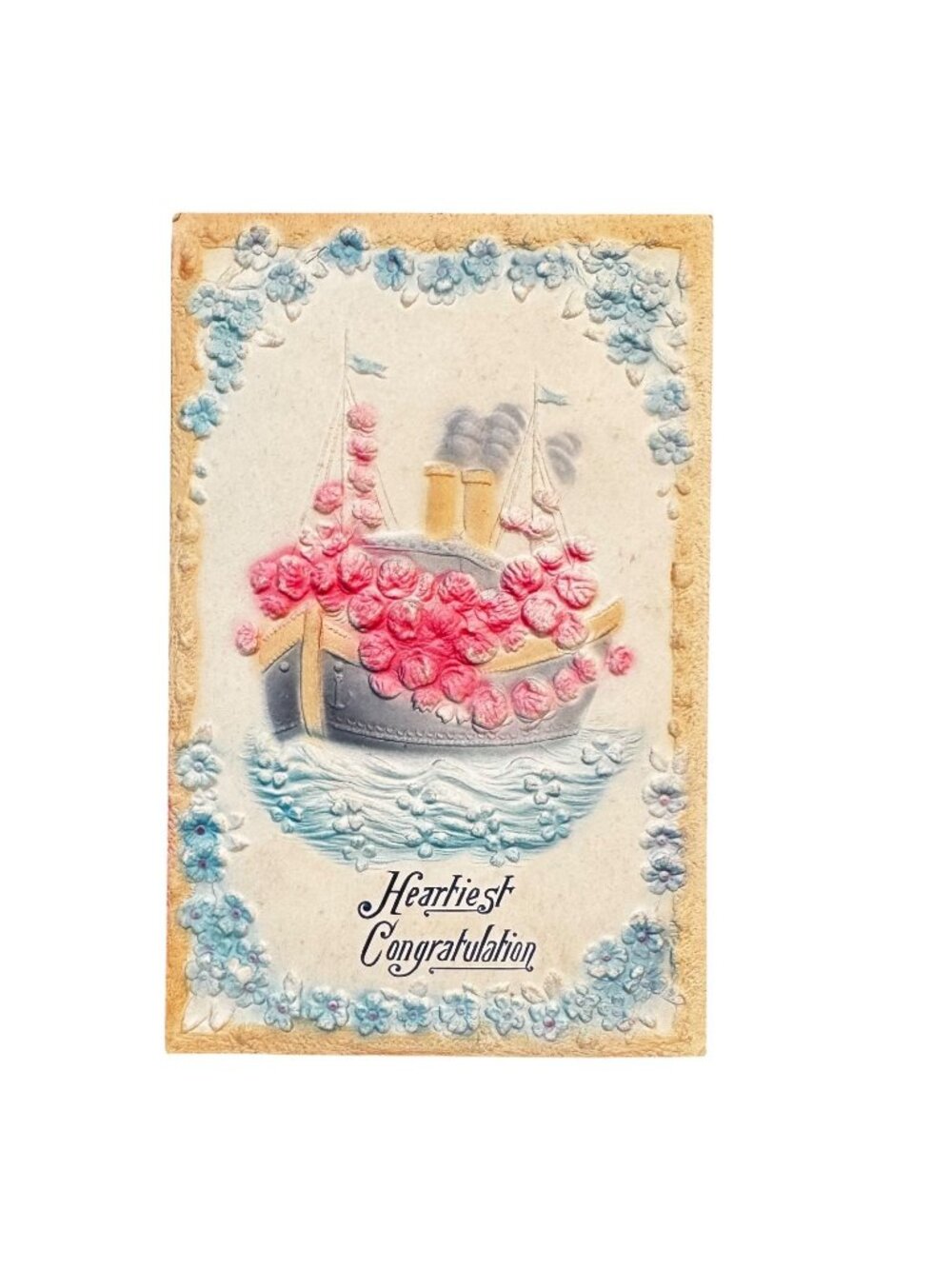 Vintage Embossed Postcard Ship & Flowers "Heartiest Congratulation" Germany 1911